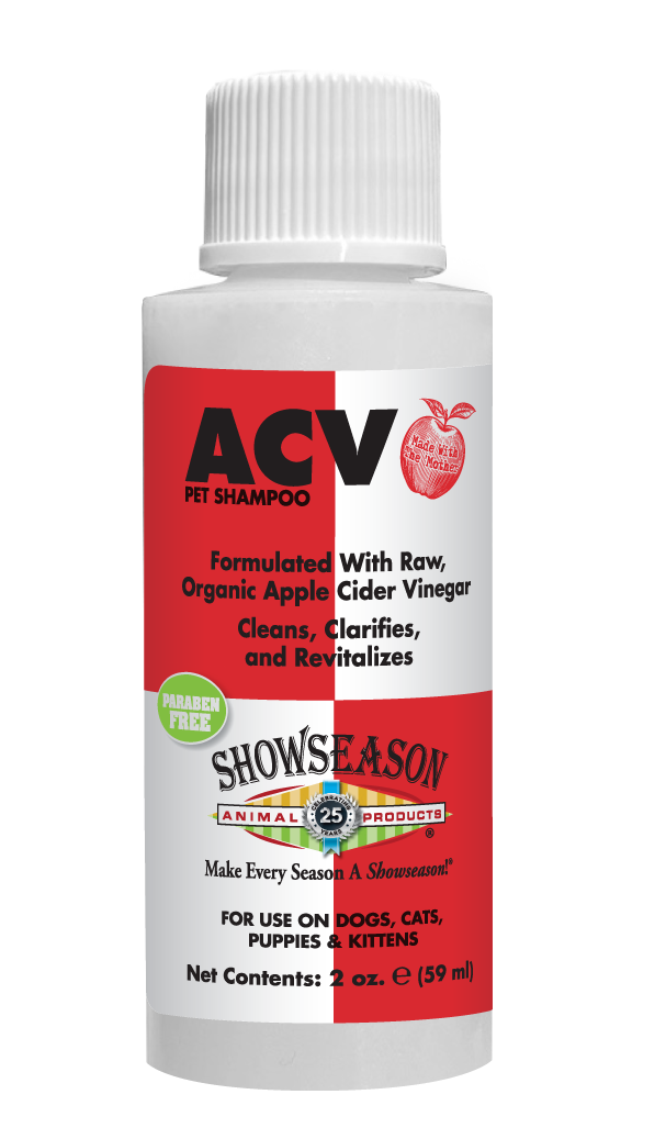 Apple Cider Vinegar Pet Shampoo with product information and instructions in a 2 ounce bottle. 