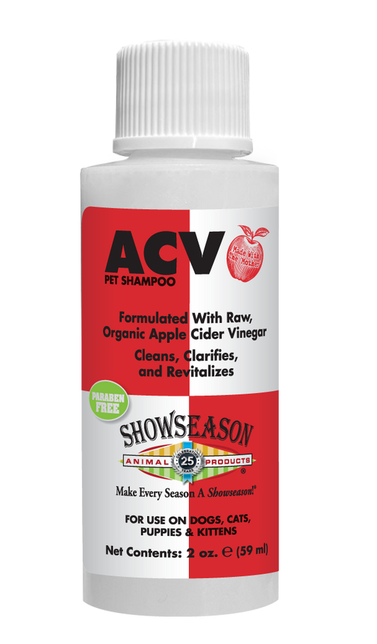 Apple Cider Vinegar Pet Shampoo with product information and instructions in a 2 ounce bottle. 
