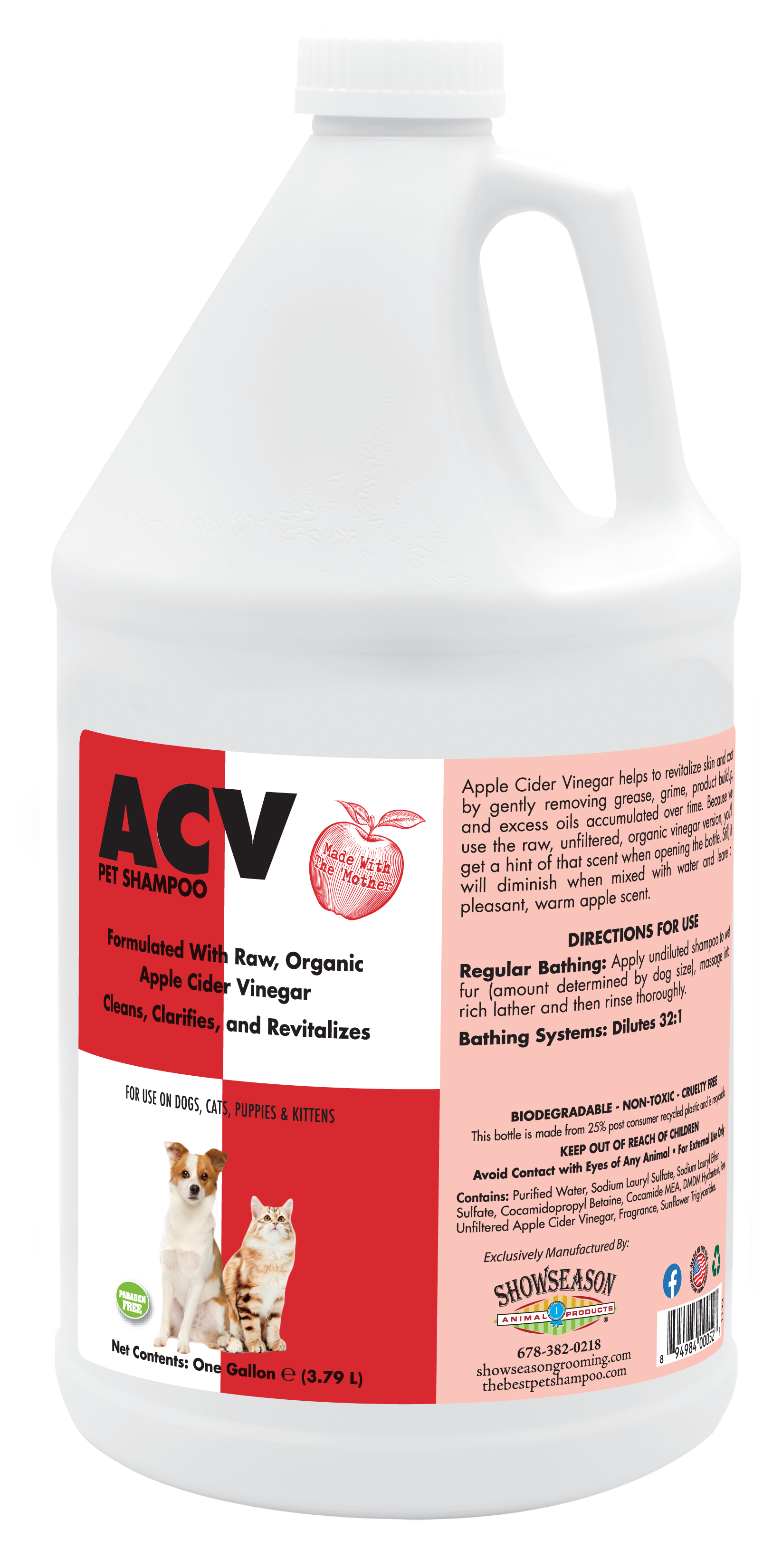 Apple Cider Vinegar Pet Shampoo with product information and instructions in one gallon bottle. 