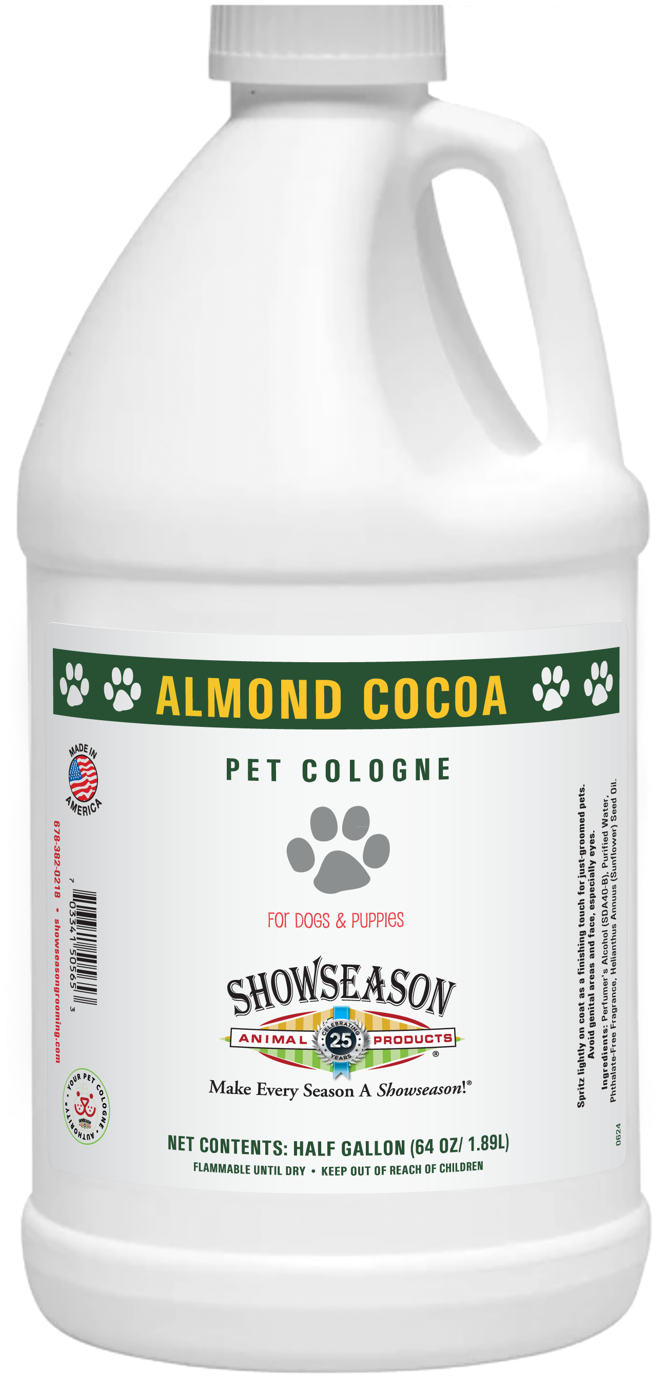 Almond Cocoa Pet Cologne in half gallon bottle. 