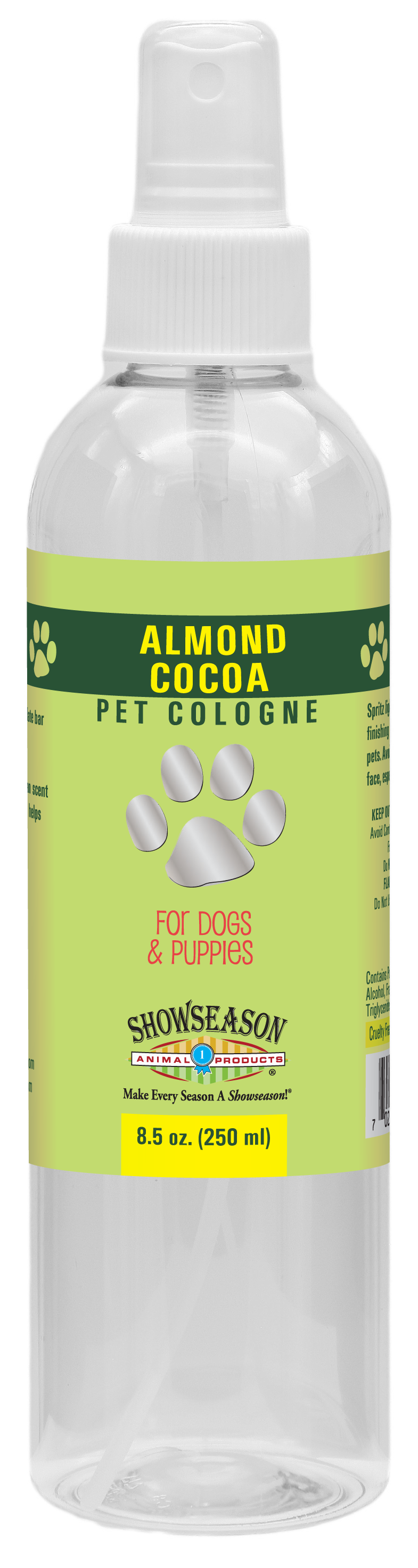 Almond Cocoa Pet Cologne in 8.5 ounce pump spray bottle. 
