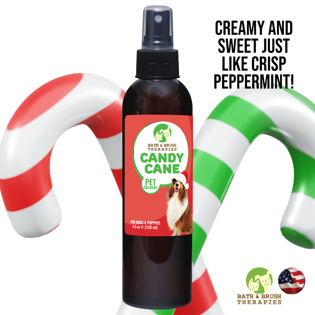 Candy Cane Pet Cologne poster with candy canes in the background. 
