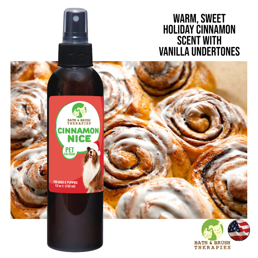 Cinnamon Nice Pet Cologne poster with cinnamon rolls in the background.