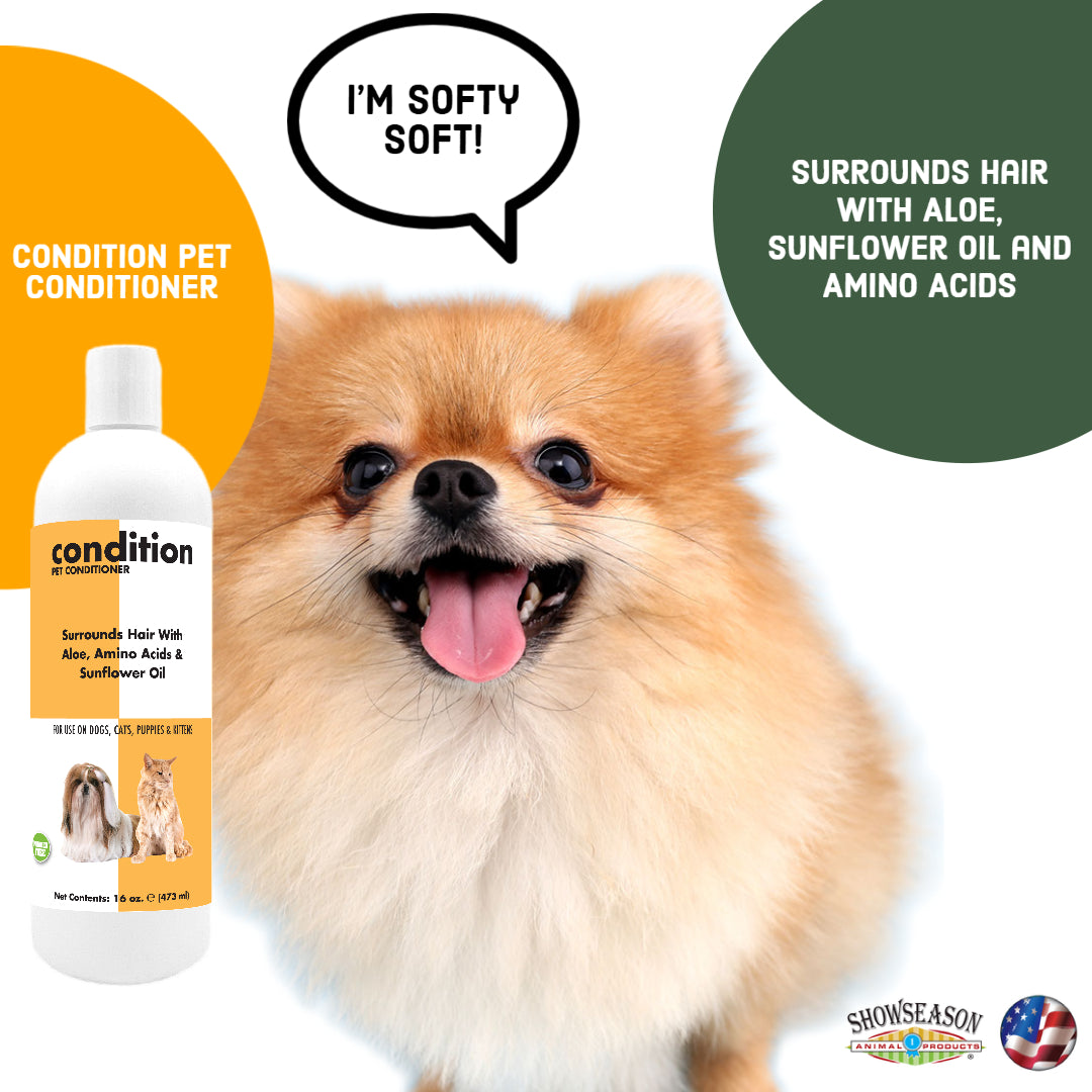 Condition per conditioner poster with a Pomeranian in the background. 