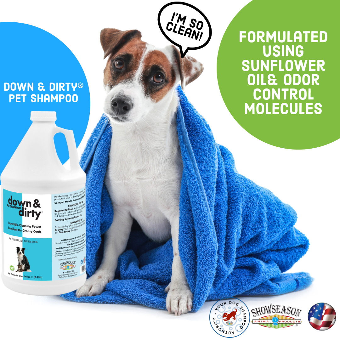 Clean puppy wrapped in a towel with a picture of the down and dirty pet shampoo showing that the puppy is clean. 