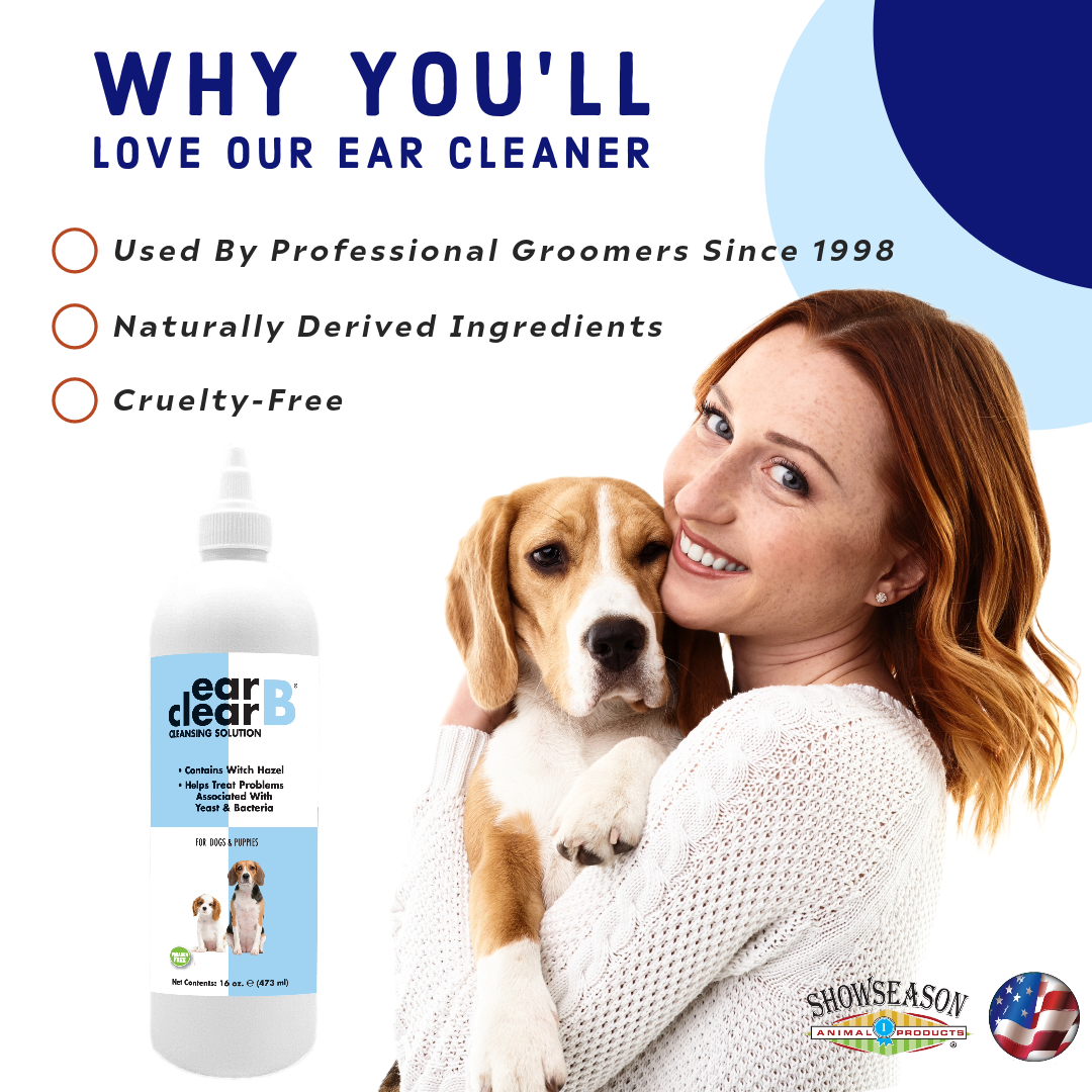 Woman holding dog on a graphic describing why you'll love the Ear B Clean product. 