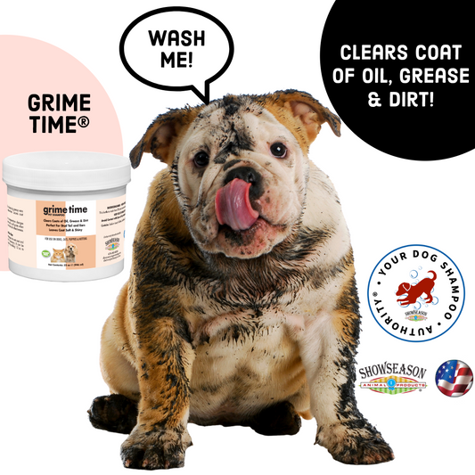 Dirty god covered in mud image describing how the product cleans grease and oil and dirt. 