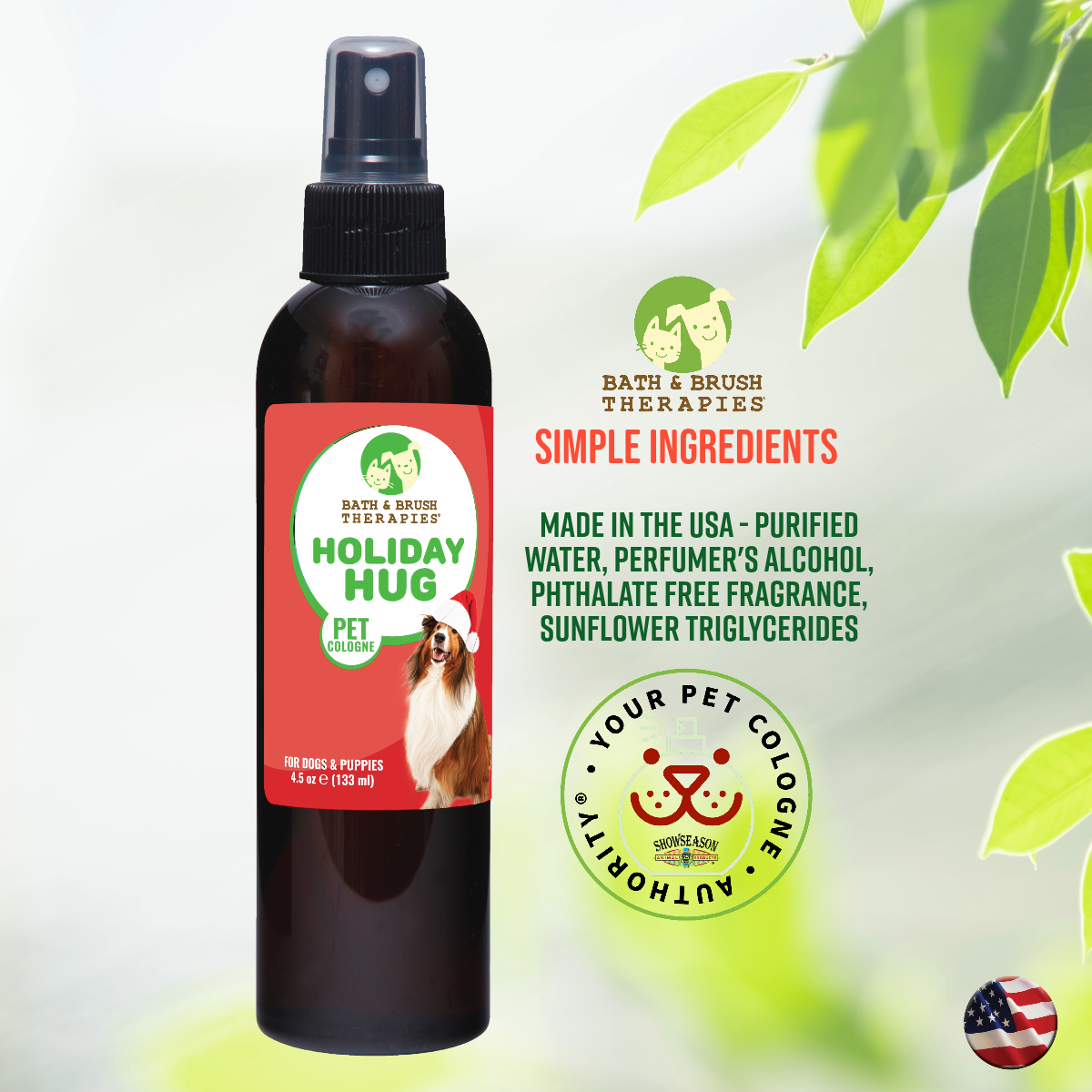 Holiday Hug pet cologne placed over an image of leaves. Describes the simple ingredients in the product. 