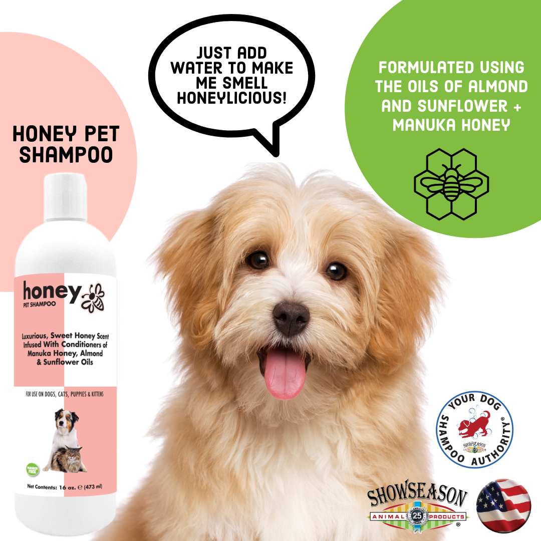 Product placed over an image of a furry dog describing the benefits of the honey pet shampoo. 