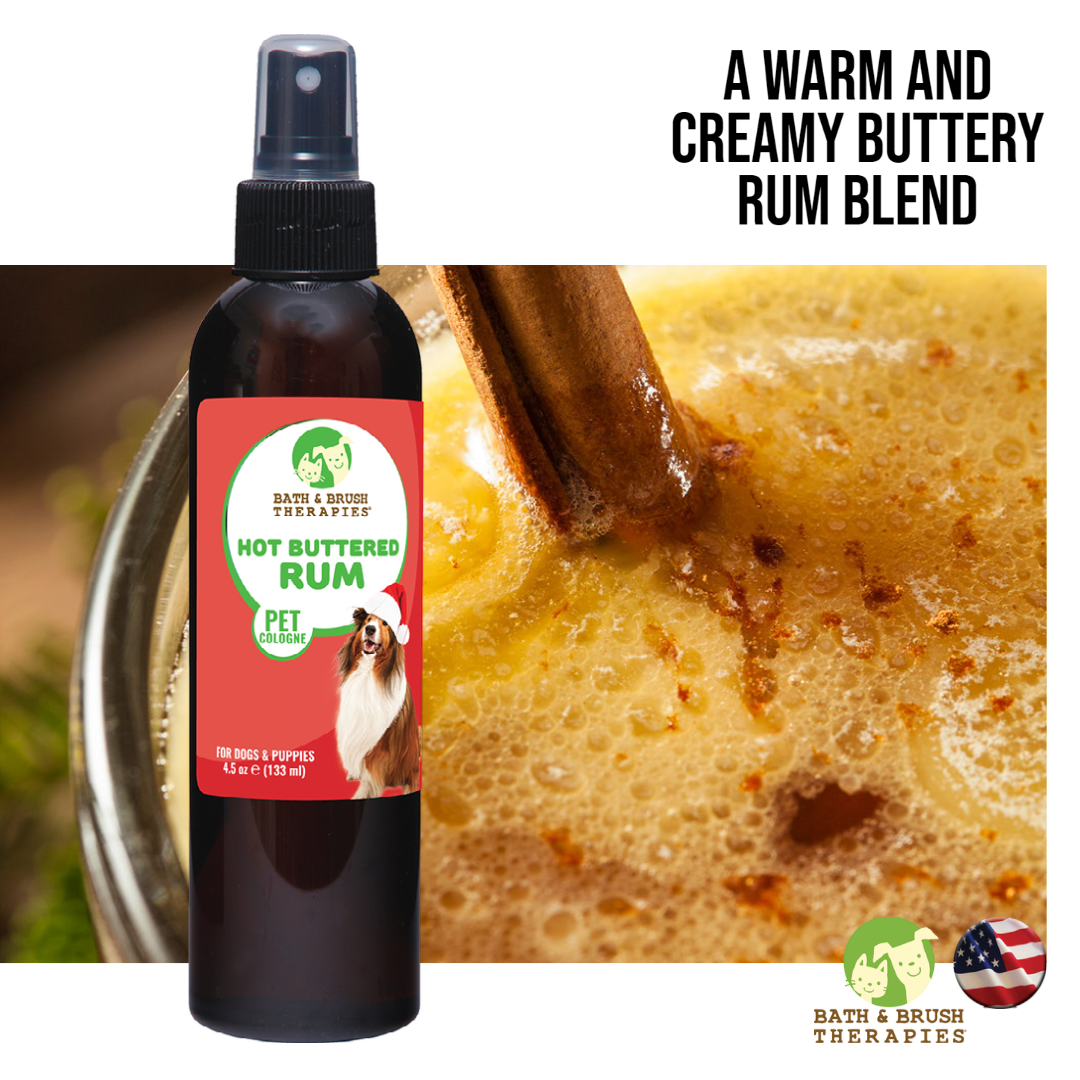 Hot buttered rum pet cologne bottle placed over an image of hot buttered rum. 