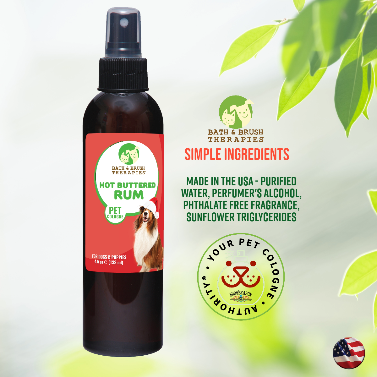 Hot buttered rum pet cologne in 2.5 ounce pump spray bottle over a grey background with leaves. Image describes simple ingredients in the product. 