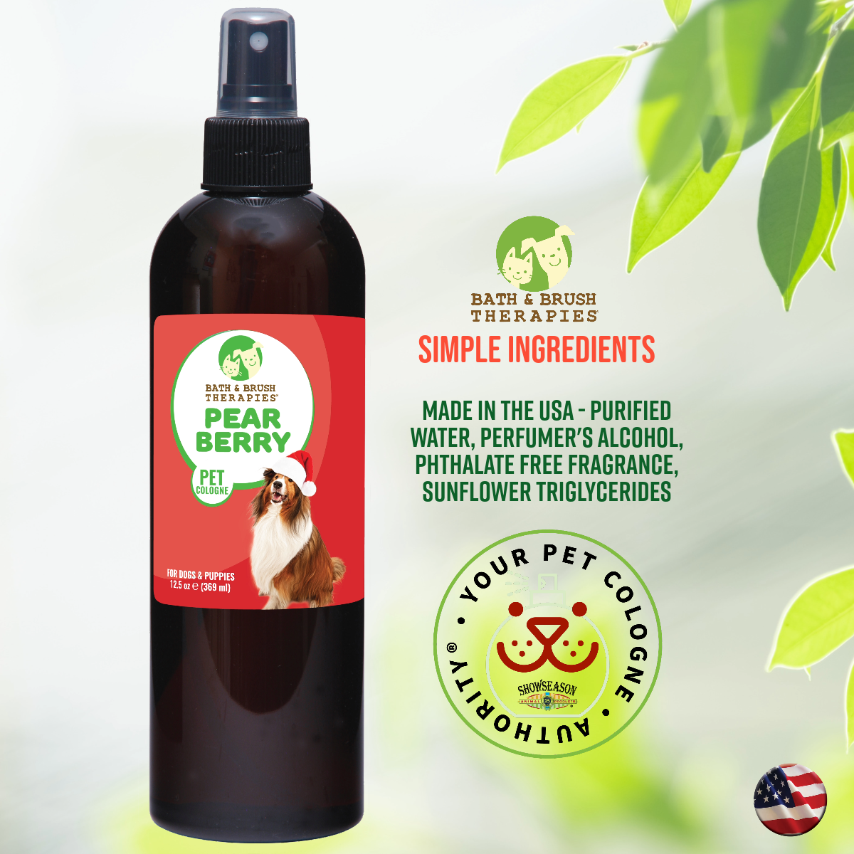 Bath and Brush Therapies Pear Berry Pet Cologne in 12.5 ounce pump spray bottle placed on a grey background with leaves. Text reads about the product's simple ingredients. 
