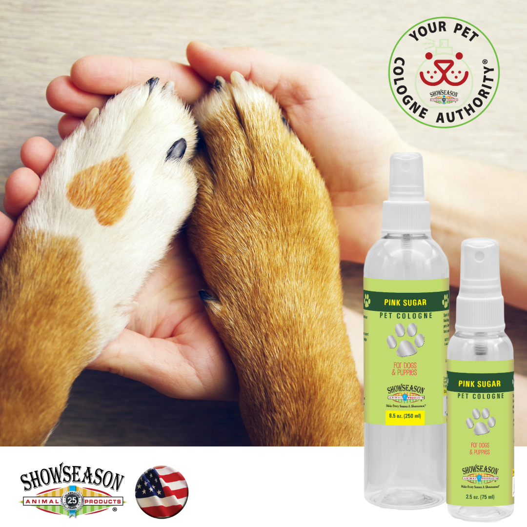 Pink sugar pet cologne 8.5 and 2.5 ounce spray bottles placed over an image of a human hands holding two dog paws. One of the dog paws has a heart on it. 