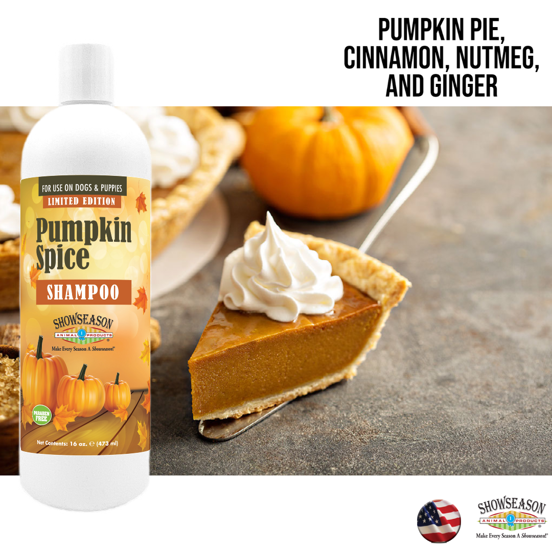 16 ounce Pumpkin spice shampoo on a picture of a pumpkin pie slice. 