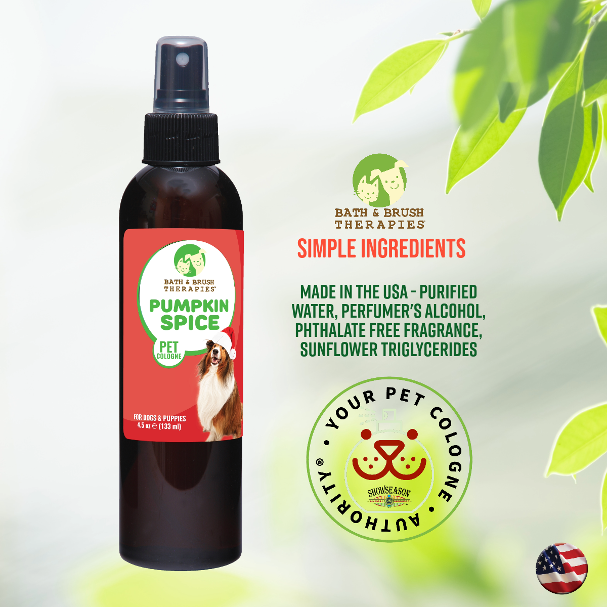 Bath and Brush Therapies Pumpkin Spice Pet Cologne in a 4.5 ounce bottle placed in front of a lie grey background with leaves. Message about ingredients displays clean ingredients. 