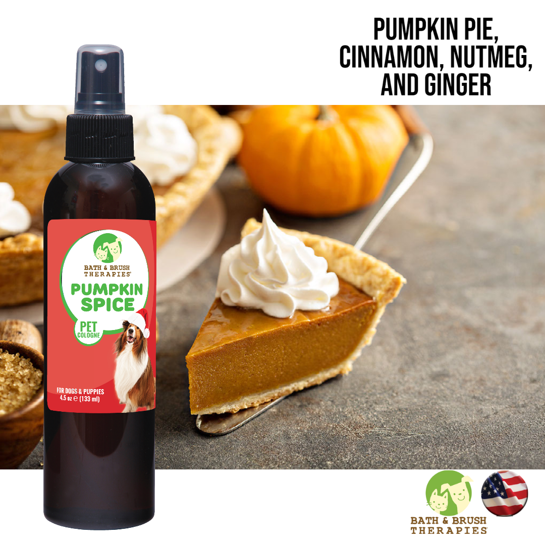 Bath and Brush Therapies Pumpkin Spice Pet Cologne in 4.5 ounce bottle placed in front of a photo of a slice of pumpkin pie. 