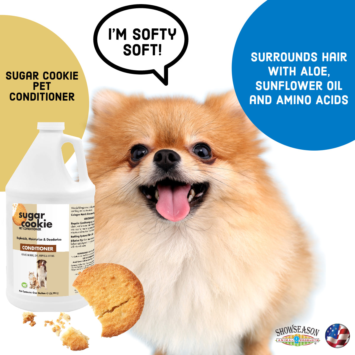 Pomeranian dog in middle of photo with a speech bubble saying, "I'm softy soft!" Shows two bubbles and the bottle of conditioner. 
