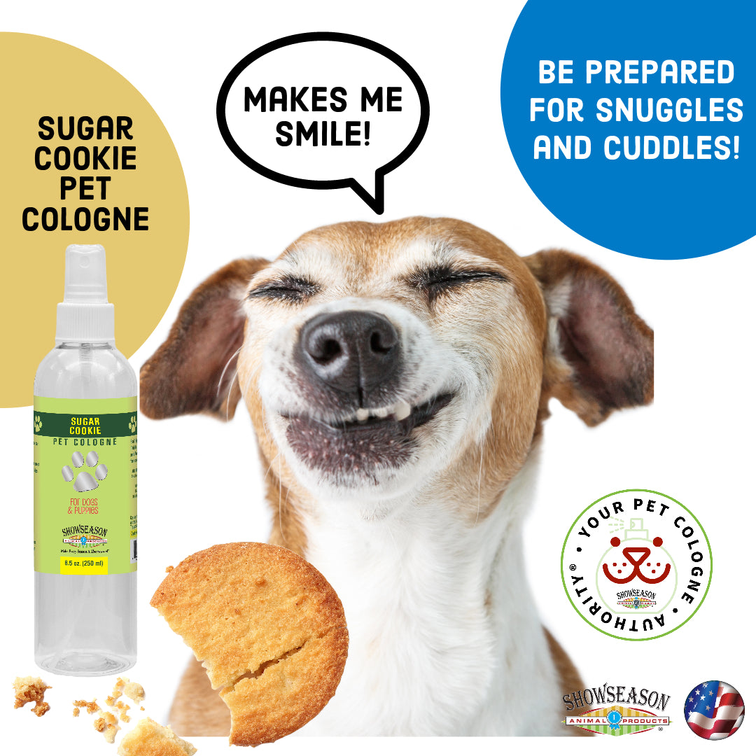 Dog smiling in the middle with speech bubble saying, "Makes me smile!" and a bottle of the sugar cookie pet cologne next to the dog. 