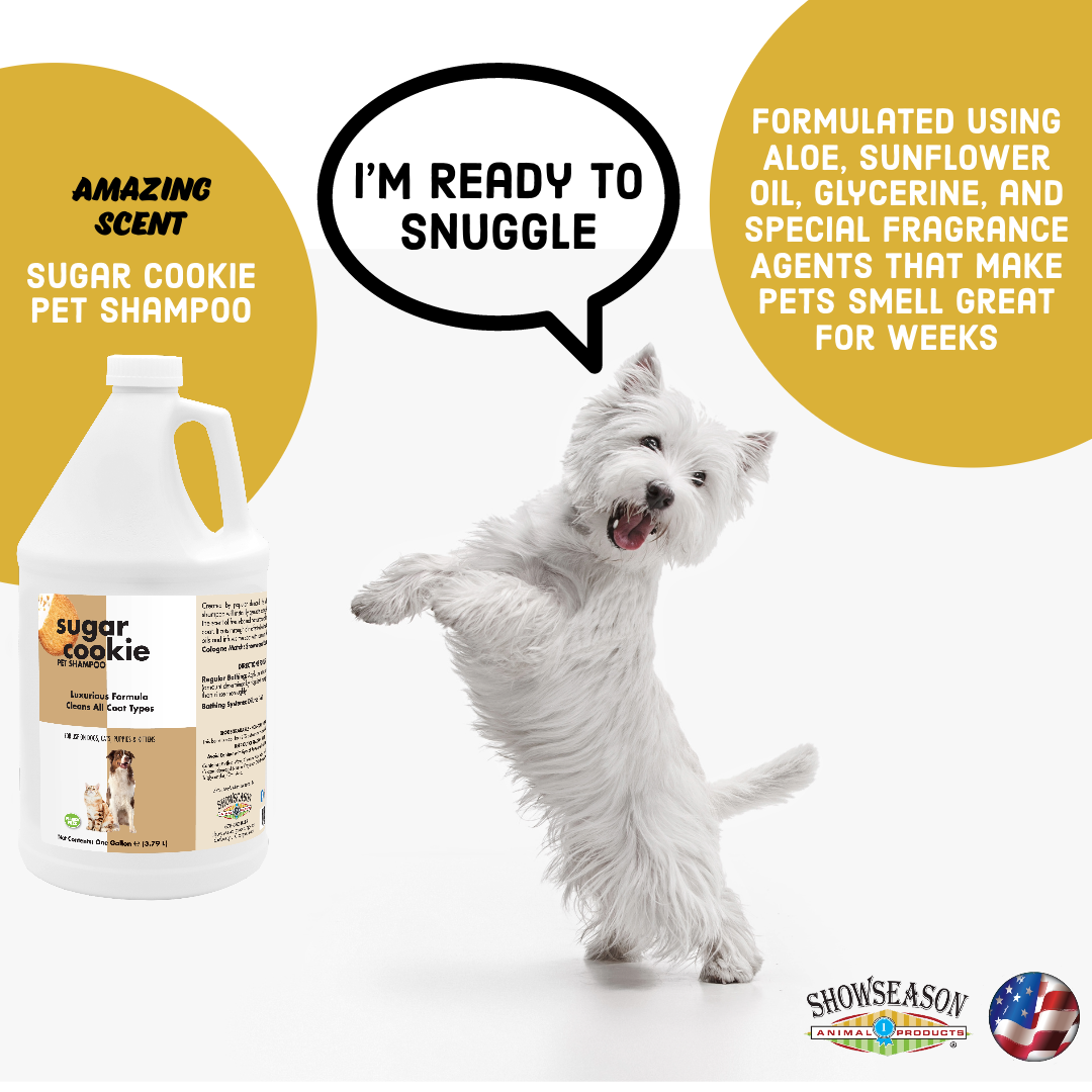 White dog with word bubble saying, "I'm ready to snuggle". Shows image of 1 gallon sugar cookie shampoo with two yellow bubbles in the background. 