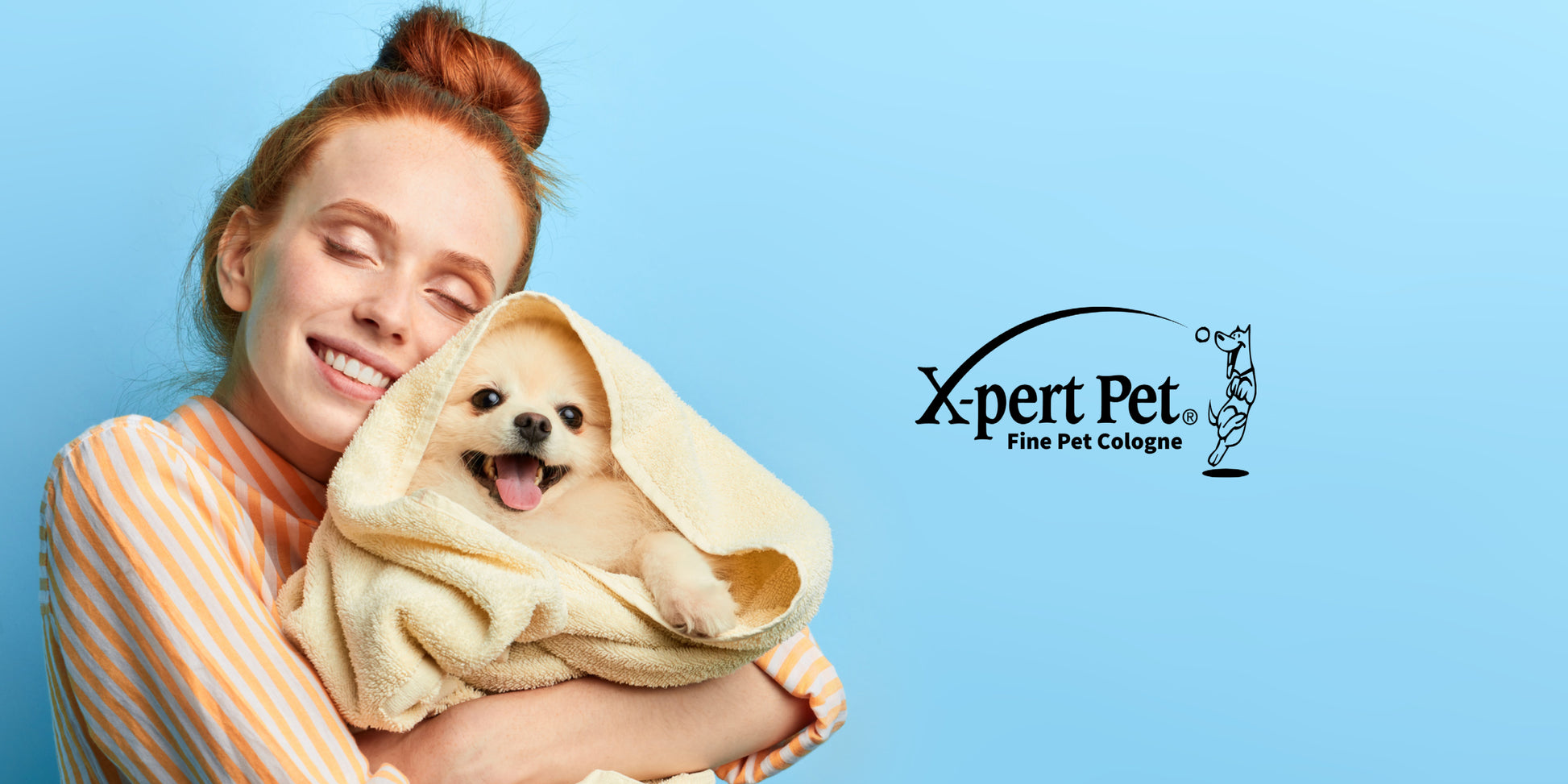 Women snuggling dog covered in a towel with the Xpert pet logo, set over a blue background. 