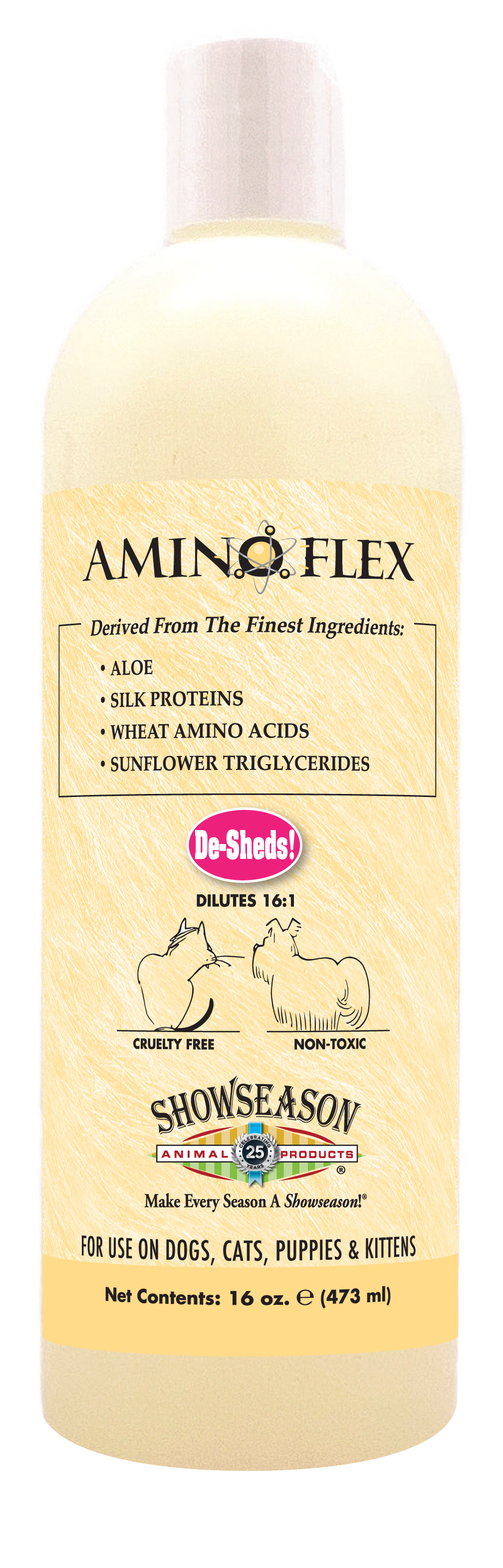 Amino Flex DeShed Pet Shampoo in 16 ounce pump spray bottle.