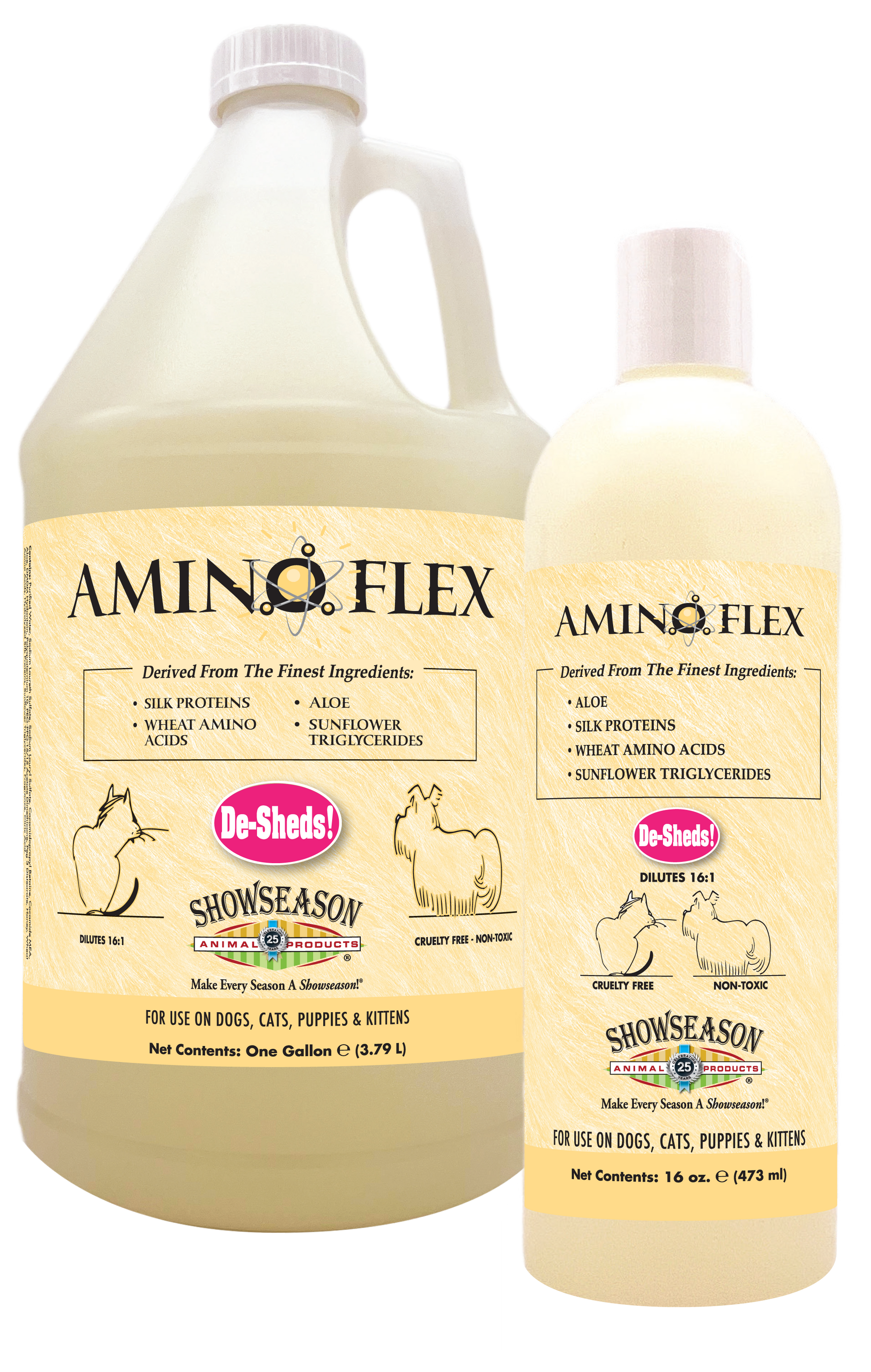Amino Flex DeShed Pet Shampoo in one gallon and 16 ounce pump spray bottle.