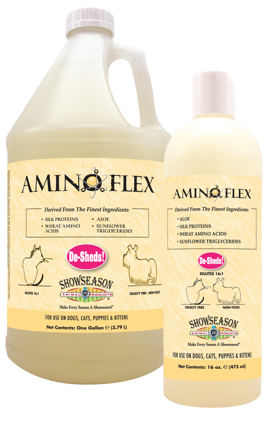 Amino Flex DeShed Pet Shampoo in one gallon and 16 ounce pump spray bottle.