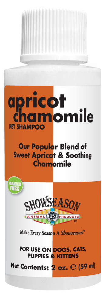 Apricot Chamomile Pet Shampoo with Product information and instruction in 2 ounce bottle. 