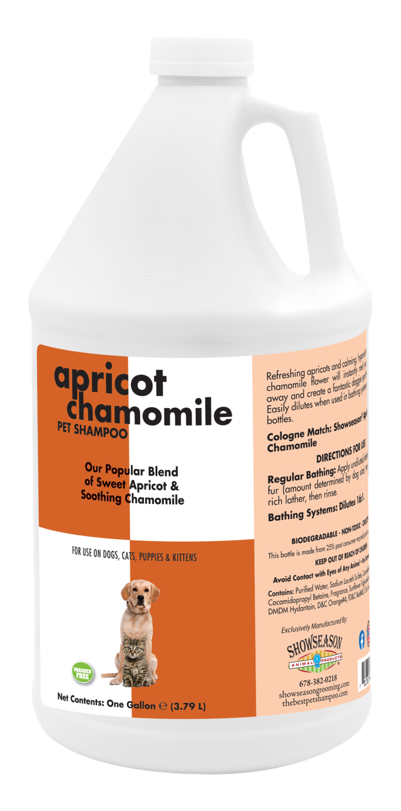 Apricot Chamomile Pet Shampoo with Product information and instruction in one gallon bottle. 