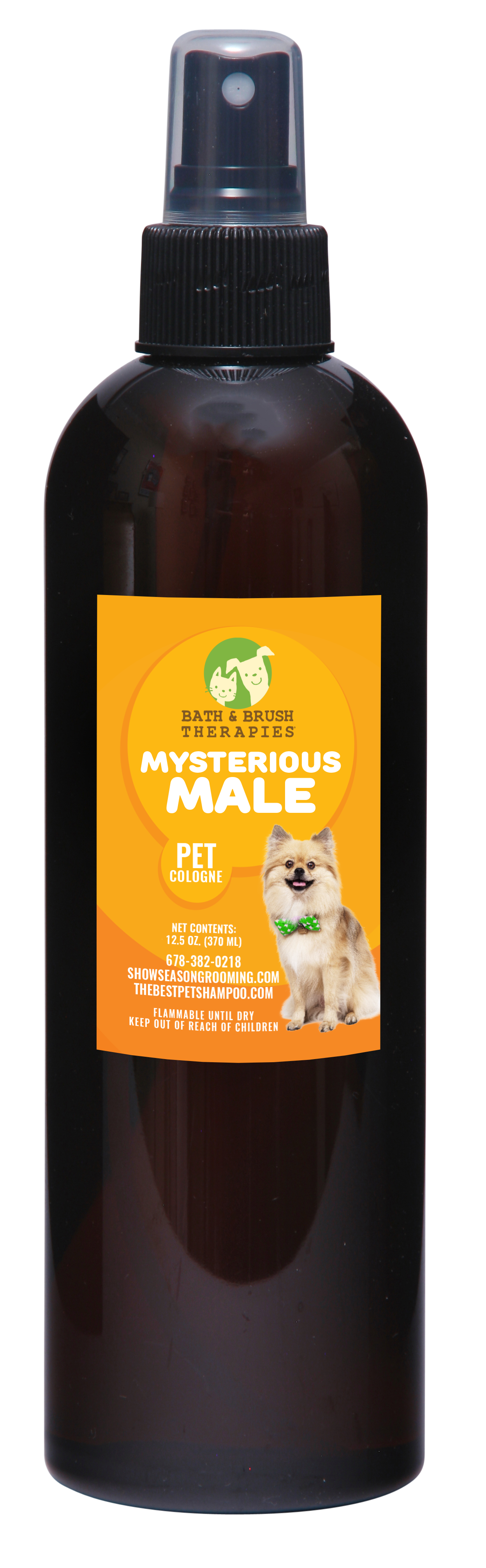 Mysterious Male Pet Cologne by Bath and Brush Therapies in 12.5 ounce pump spray bottle with little dog on the front of the bottle. 