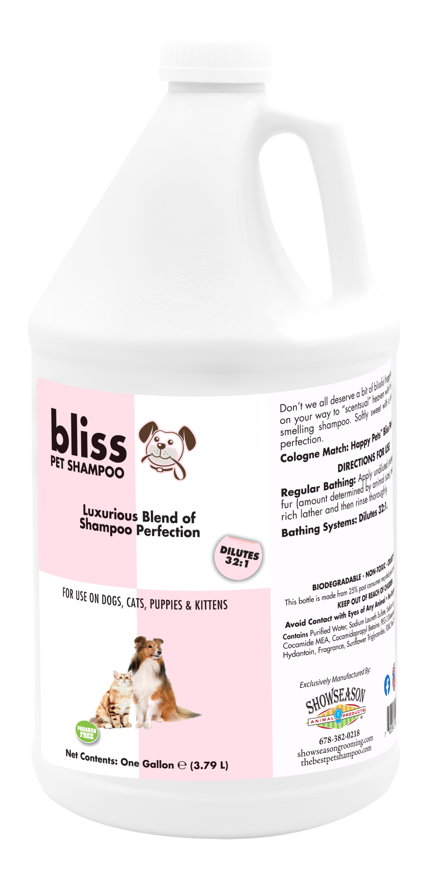 Bliss Pet shampoo with product instruction and information in one gallon bottle. 