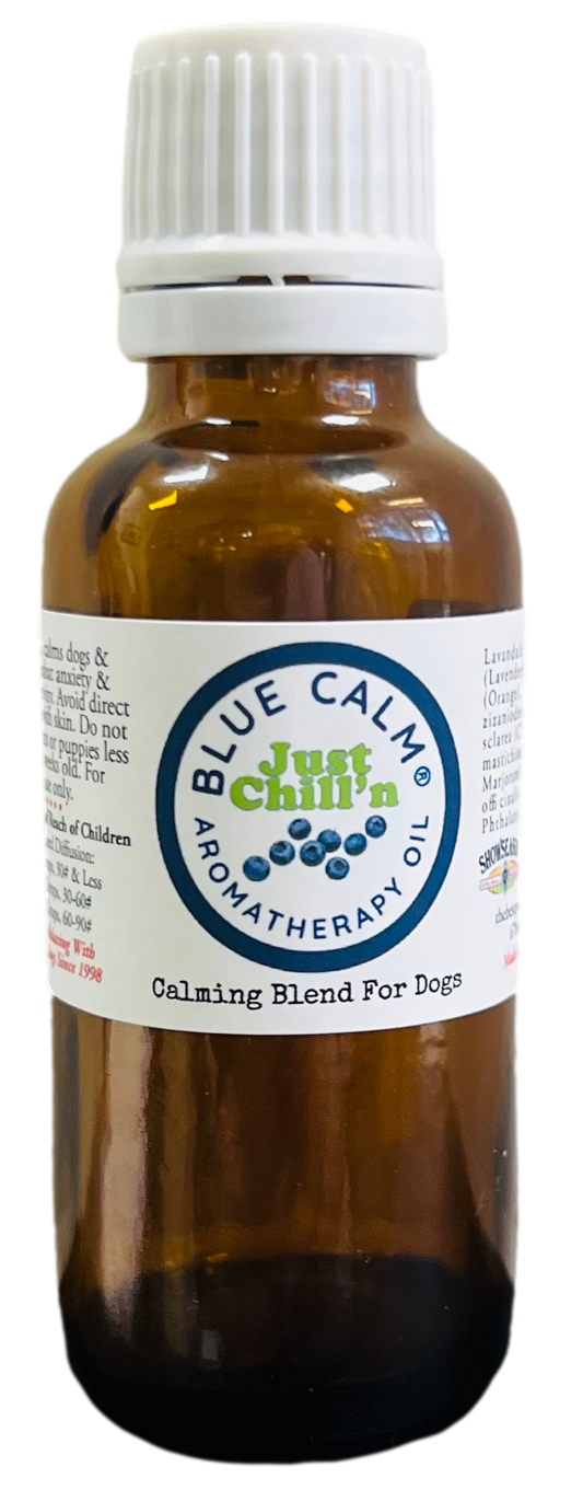 Blue Calm Aromatherapy Oil in 30 mL brown bottle. 