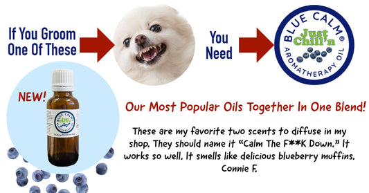 Blue calm Aromatherapy Oil poster with customer review. 