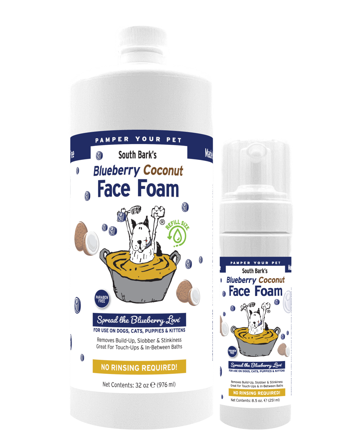 Blueberry Coconut Face Foam in 32 ounce and 8.5 ounce bottle. 