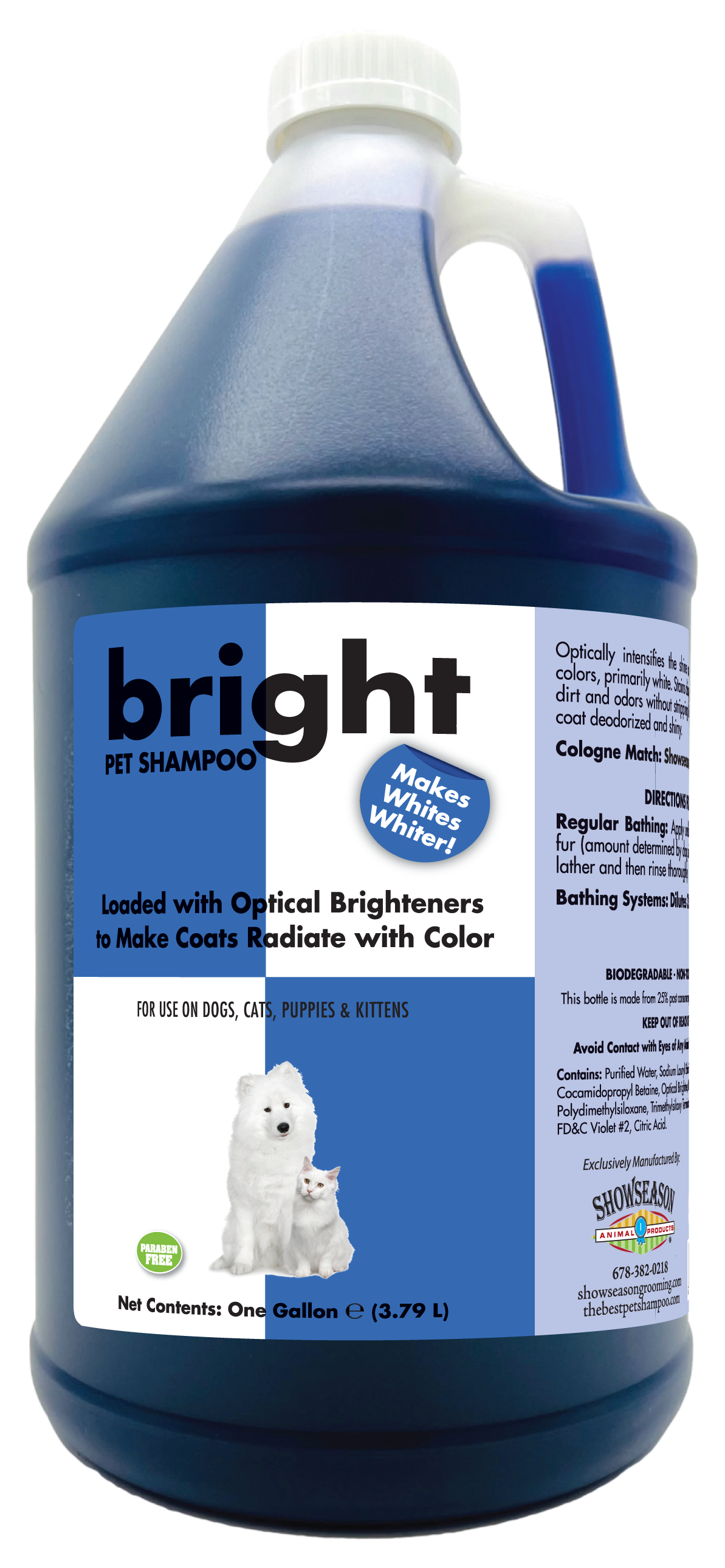 Bright Pet Shampoo with product information and instructions in a one gallon bottle. 