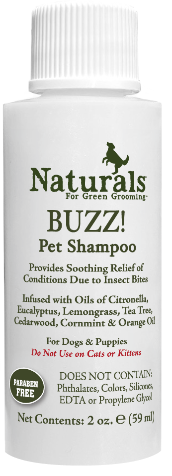 Naturals for green grooming Buzz! pet shampoo 2oz with product information and use 