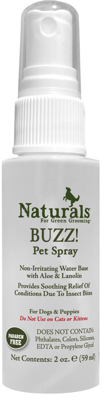 Naturals for Green Grooming Buzz! pet spray in 2oz bottle with product information and benefits 