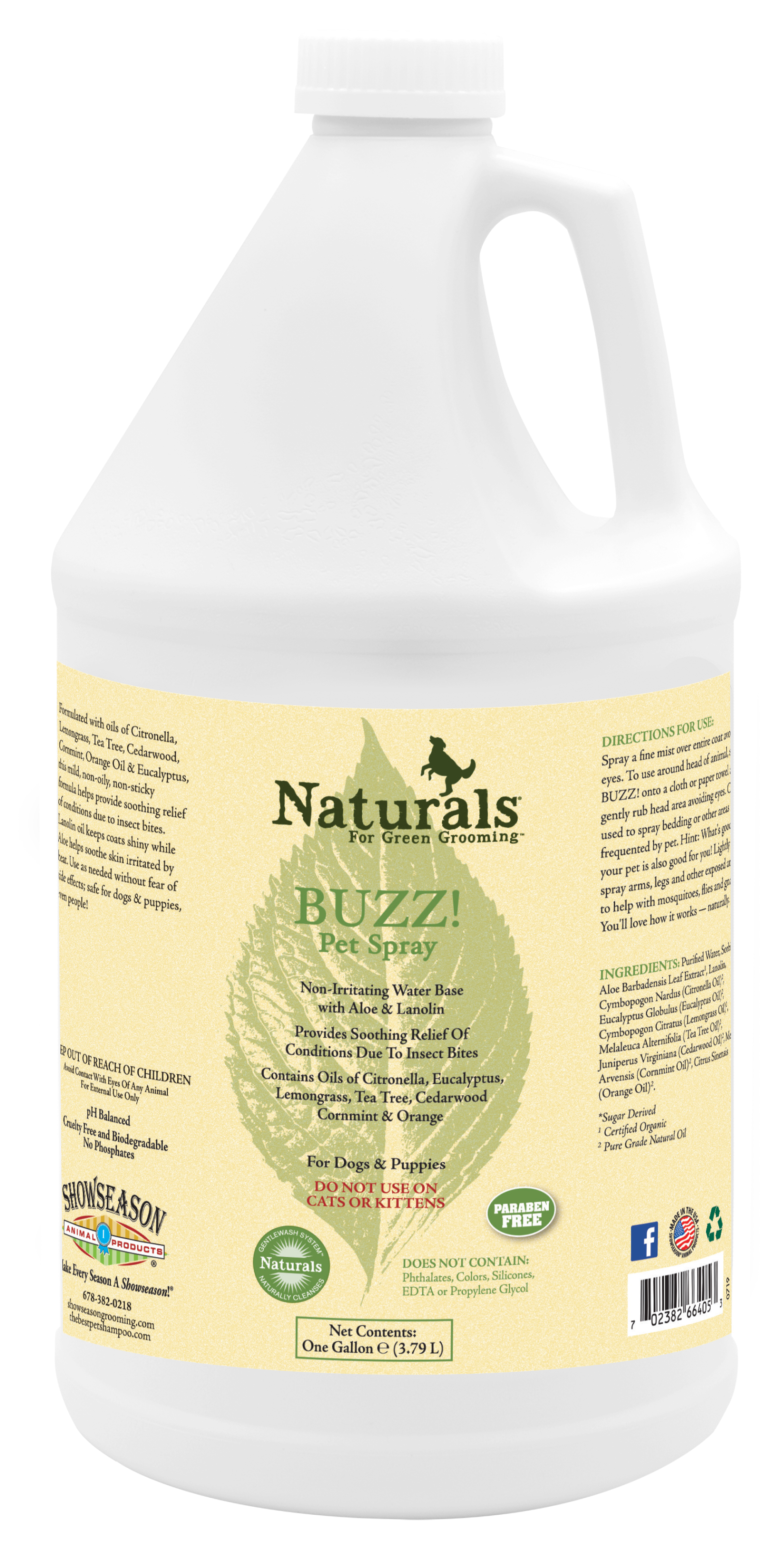 Naturals for Green Grooming Buzz! pet spray with product information in one gallon bottle.