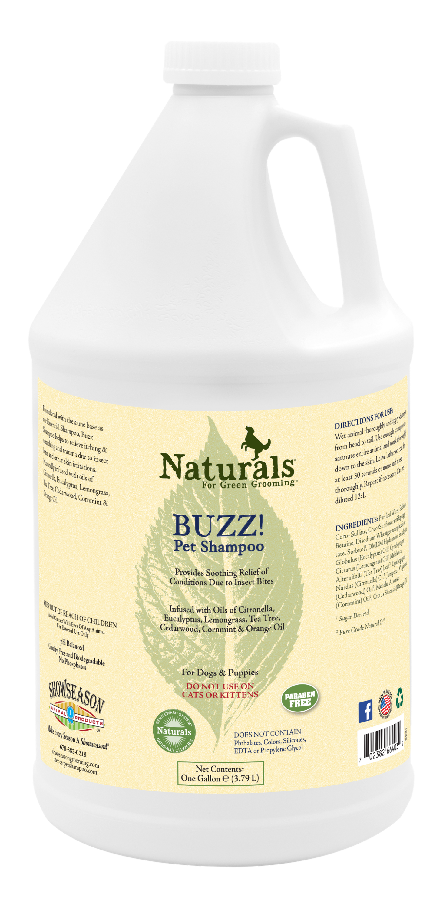 Naturals for green grooming Buzz! pet shampoo one gallon with product information and use 