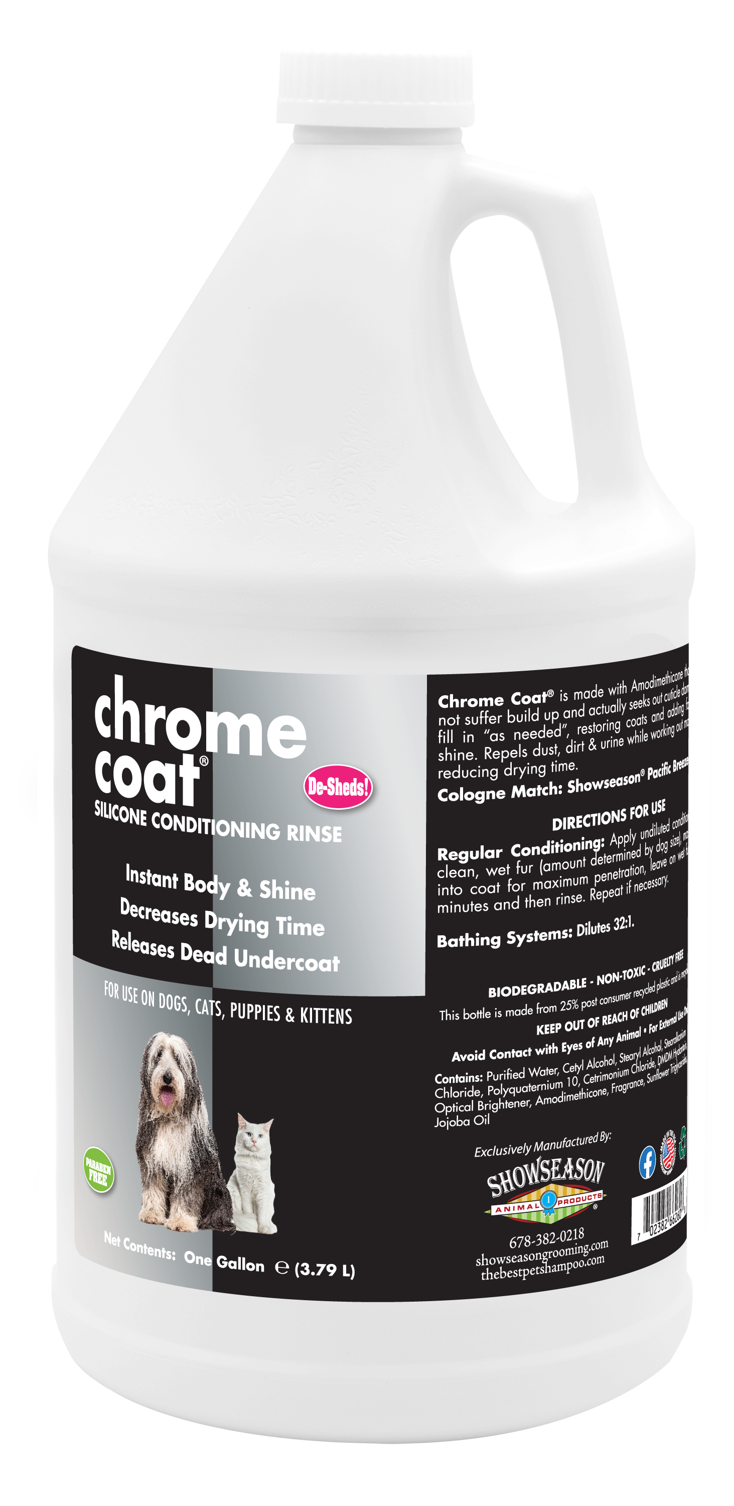 Chrome Coat Silicone Conditioning Rinse with product information and instructions in a one gallon bottle. 