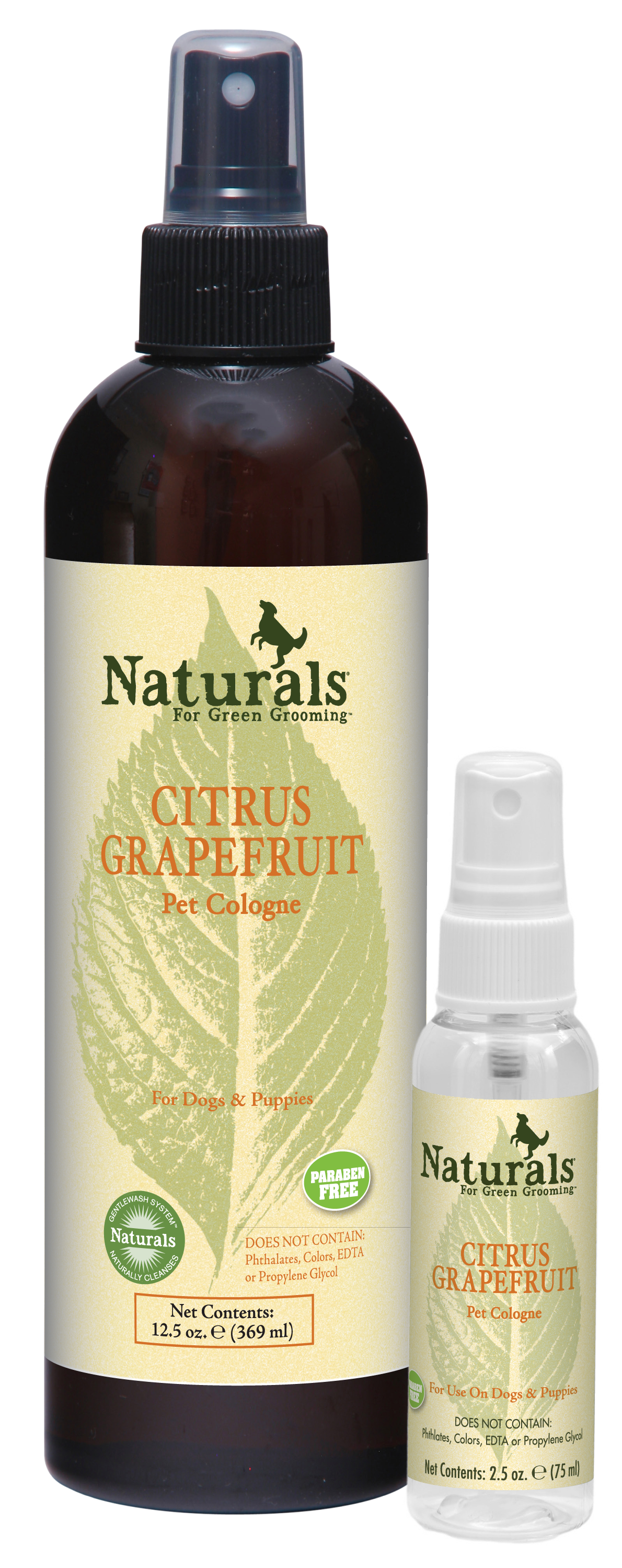 Naturals for Green Grooming Citrus Grapefruit Pet Cologne in 12.5 and 2.5 ounce pump spray bottle. 