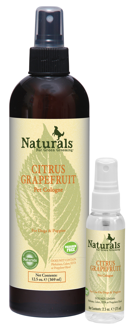 Naturals for Green Grooming Citrus Grapefruit Pet Cologne in 12.5 and 2.5 ounce pump spray bottle. 