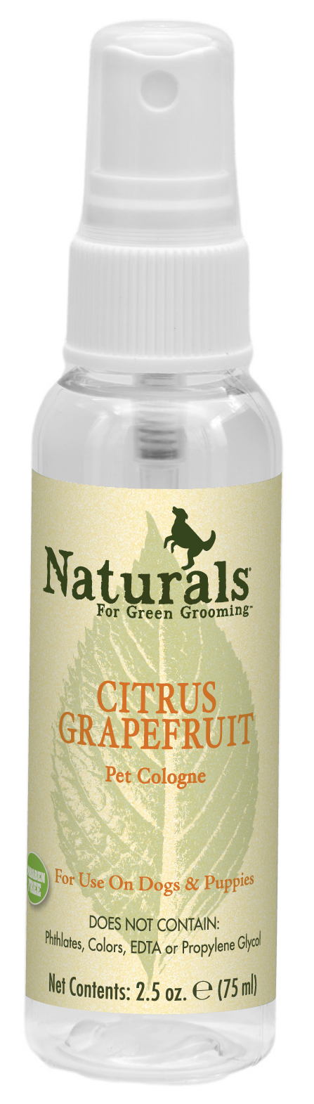 Naturals for Green Grooming Citrus Grapefruit Pet Cologne in 12.5 and 2.5 ounce pump spray bottle. 