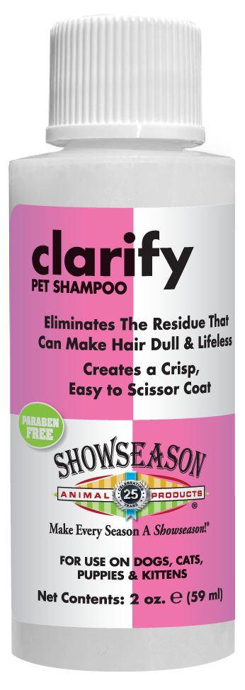 Clarify Pet Shampoo with product information and and instructions in 2 ounce bottles. 