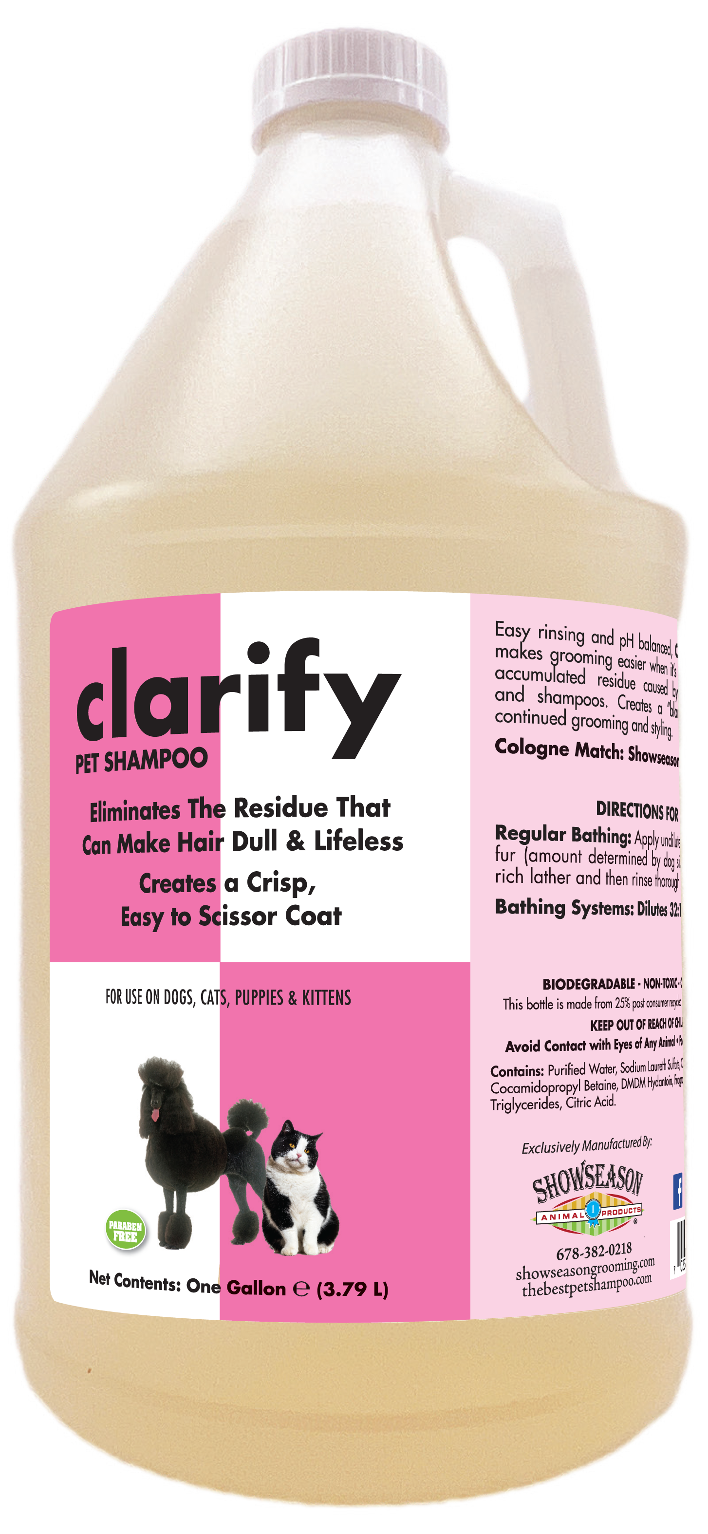 Clarify Pet Shampoo with product information and and instructions in one gallon bottle. 