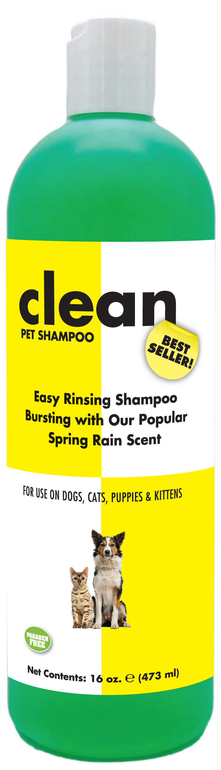 Clean Pet Shampoo with product information and instructions in a 16 ounce bottle. 