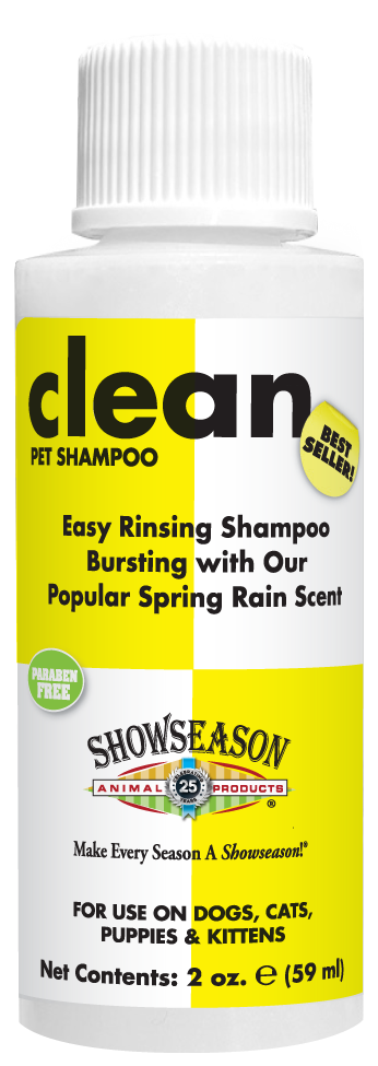 Clean Pet Shampoo with product information and instructions in a 2 ounce bottle. 