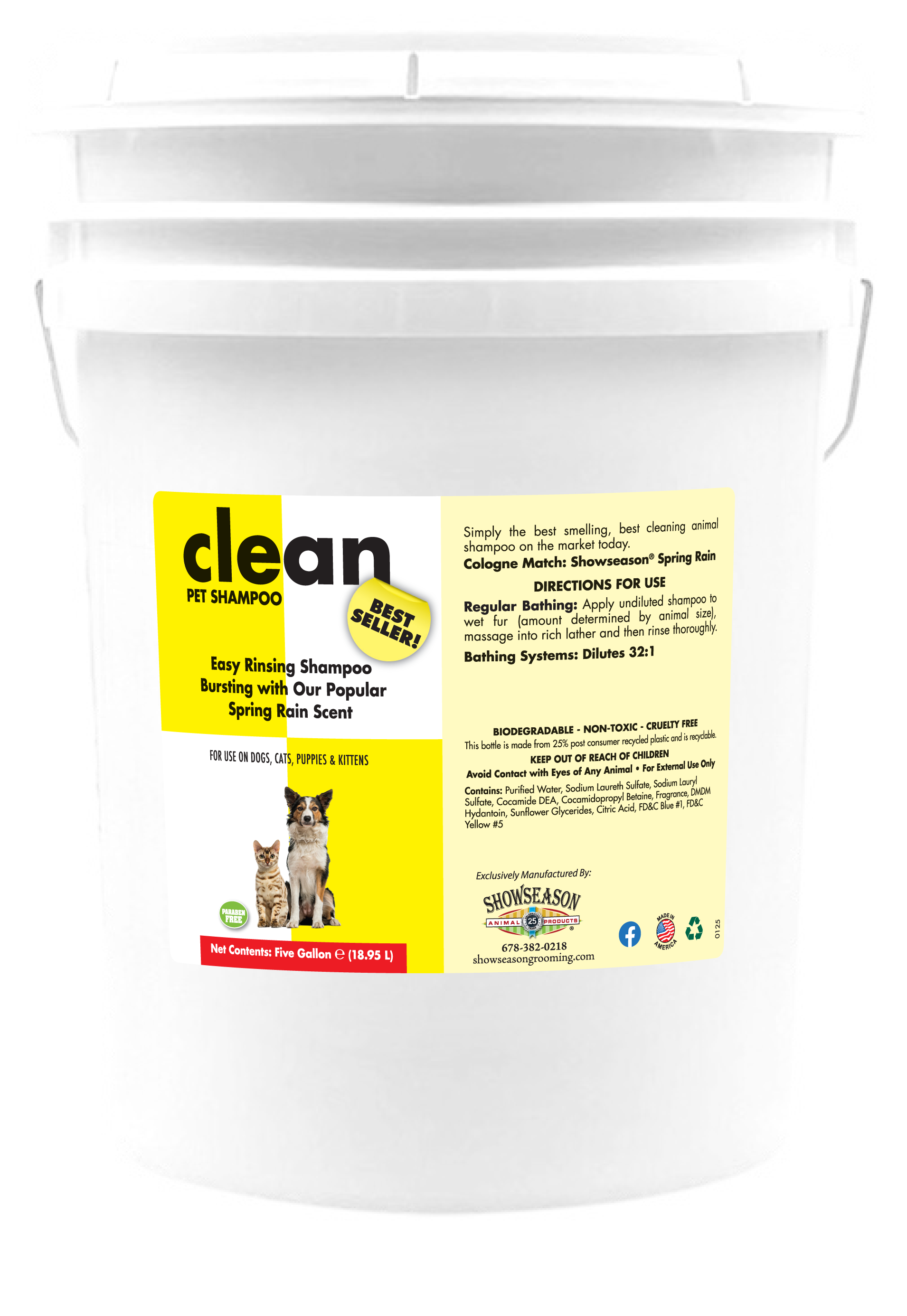 five gallon Clean pet shampoo showing information and benefits 