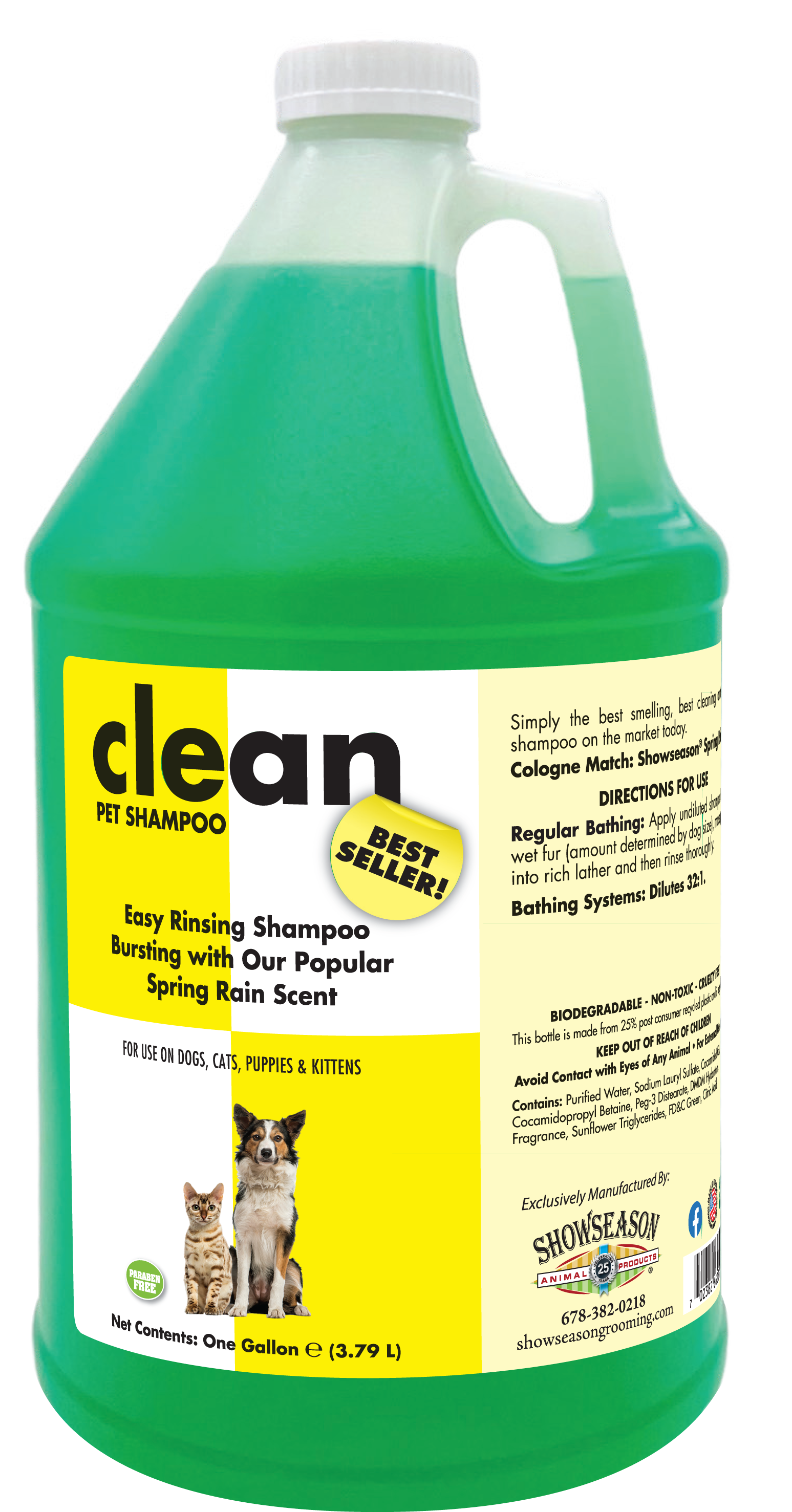 Clean pet shampoo with product information and instructions in one gallon bottle. 
