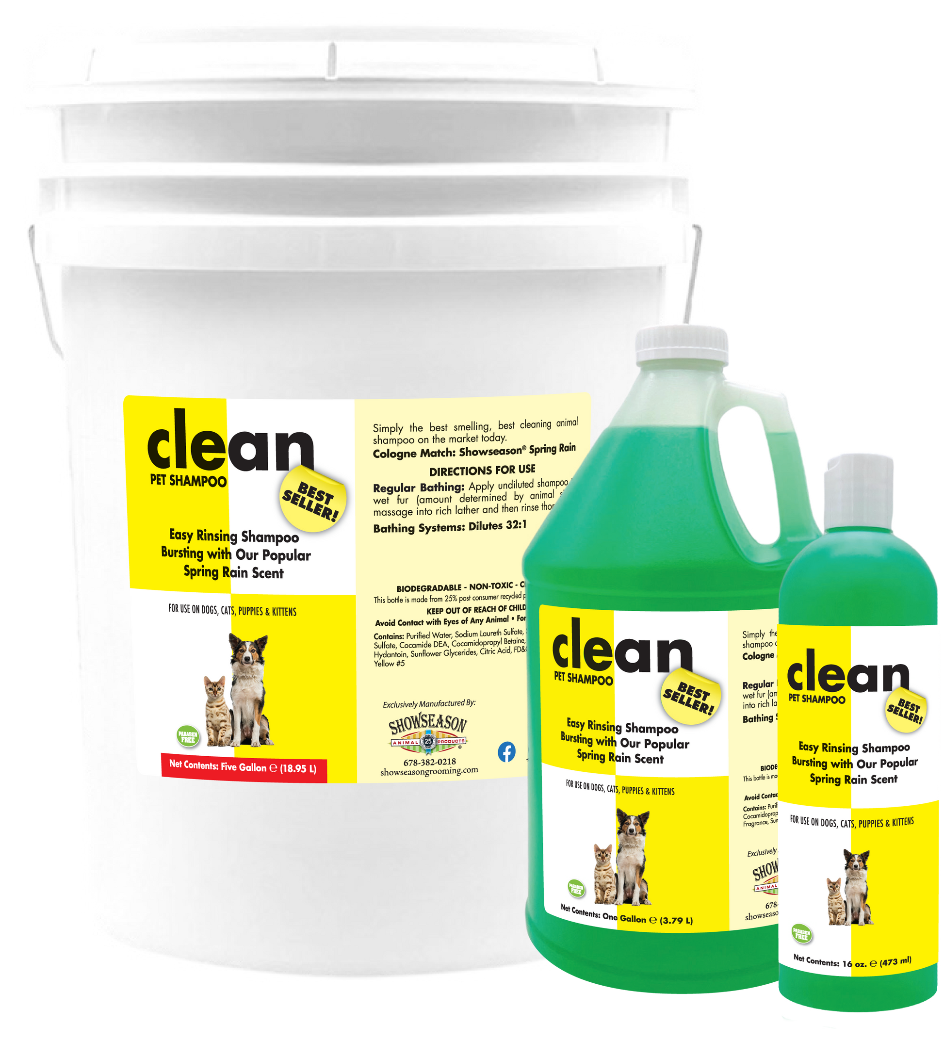 Clean pet shampoo five gallon, one gallon and 16 oz 